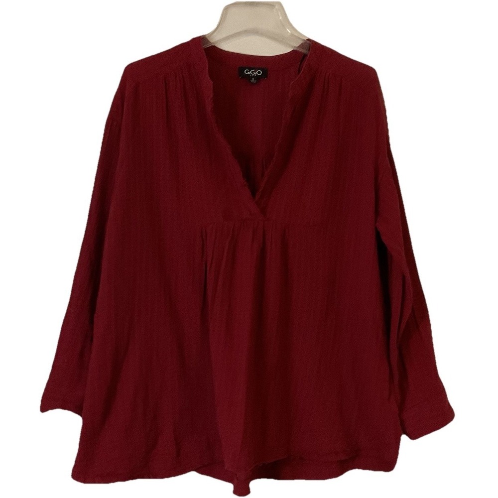 Gigio Usa SZ S Gauzy Fairy‎ Red Oversized Raw Hem Roll Tab Artsy Boho Blouse